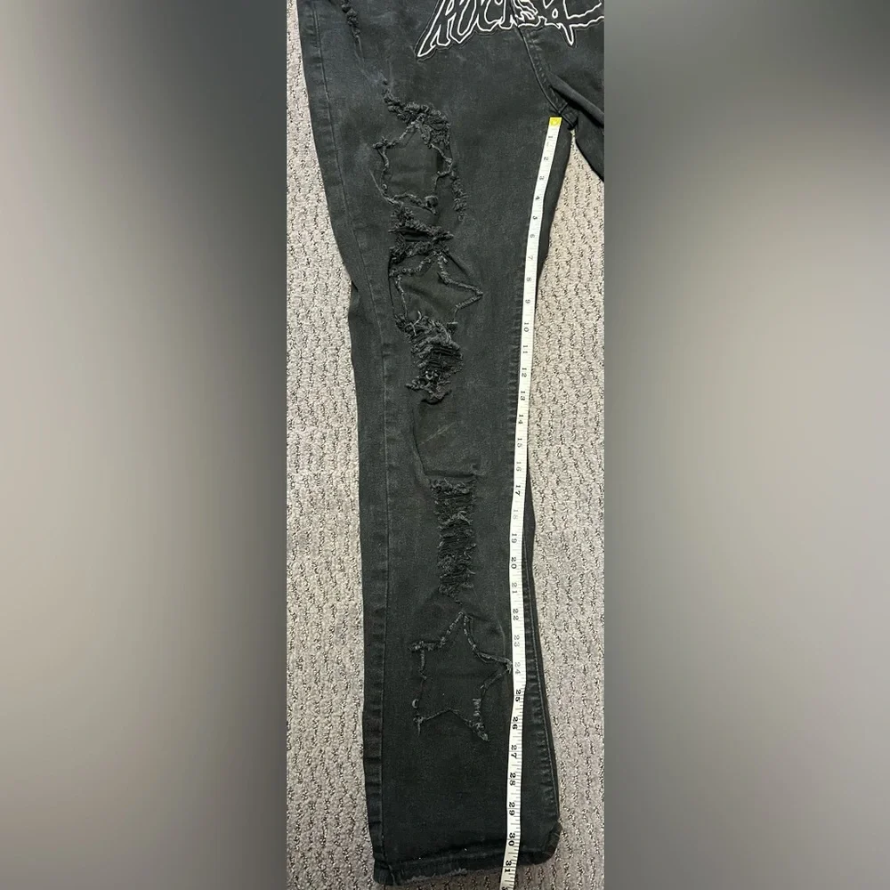 Black Rockstar Distressed Baggy Denim Men’s Jeans with Star Patches Size 40